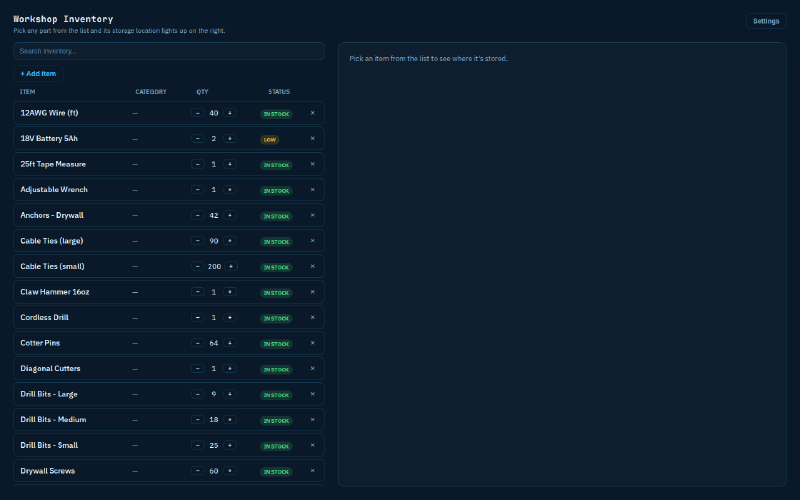 The main inventory screen — search, quick add, and a live stock count for every part