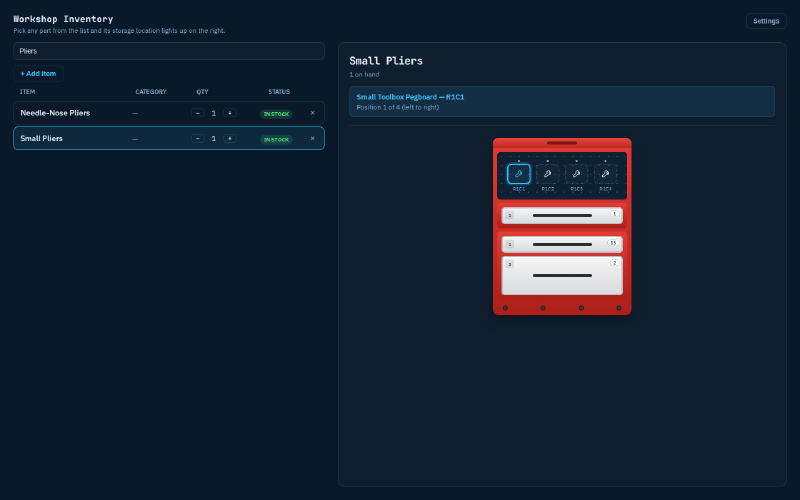 Search for a part and its real storage unit renders on the right, with the exact drawer or hook highlighted