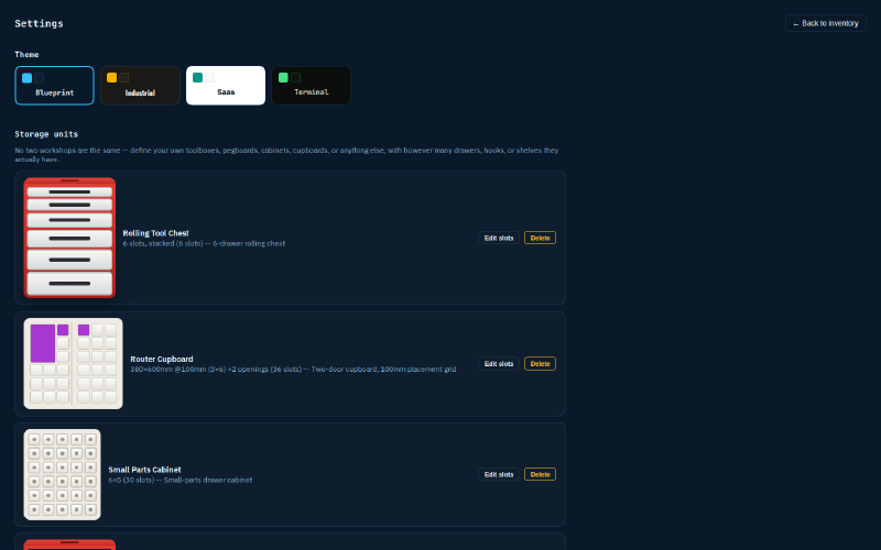 Settings: switch themes, and build out whatever storage you actually own — no fixed shapes